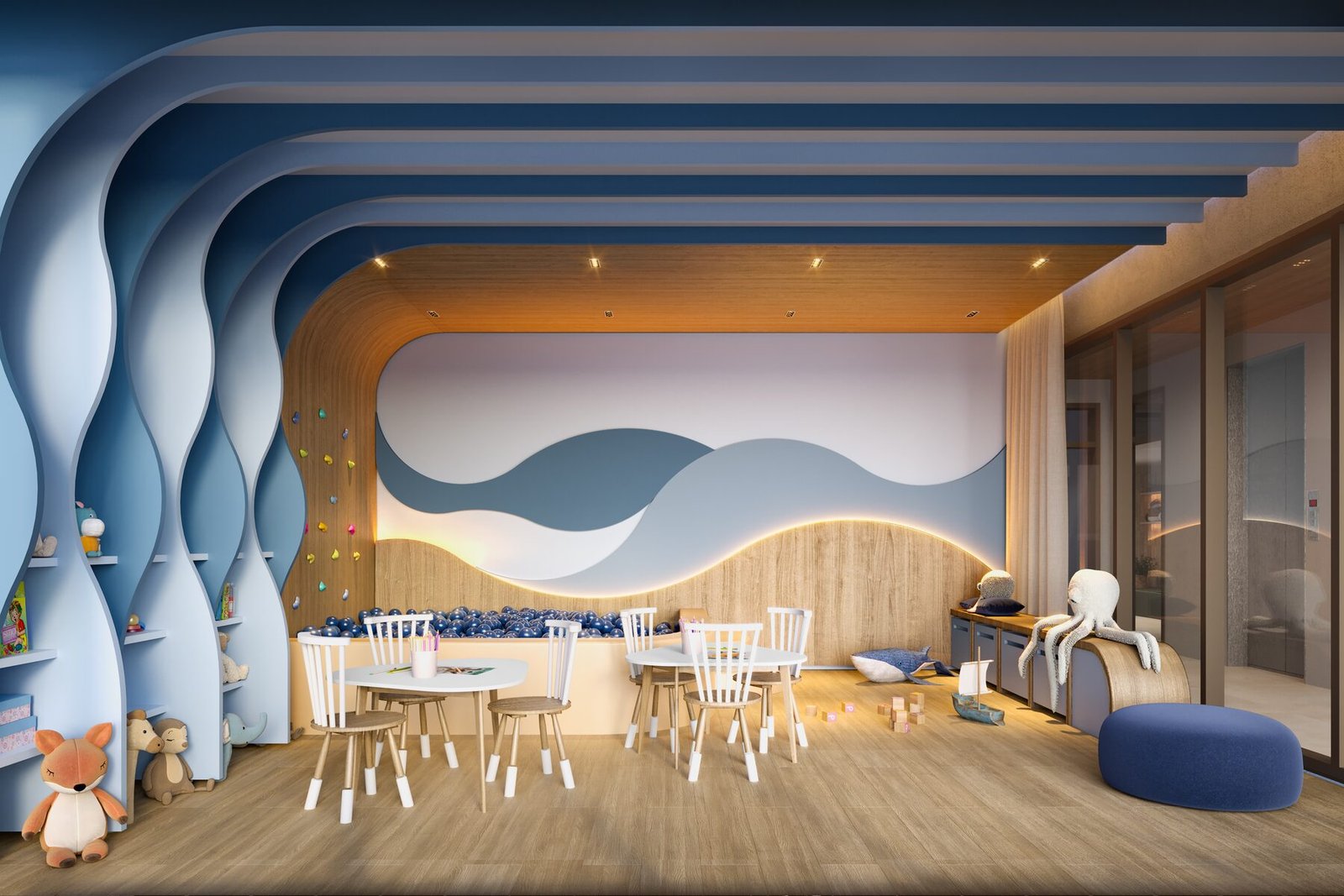 Espaço kids com piscina de bolinhas e parede de escalada — Marino by Breton, Barra da Tijuca