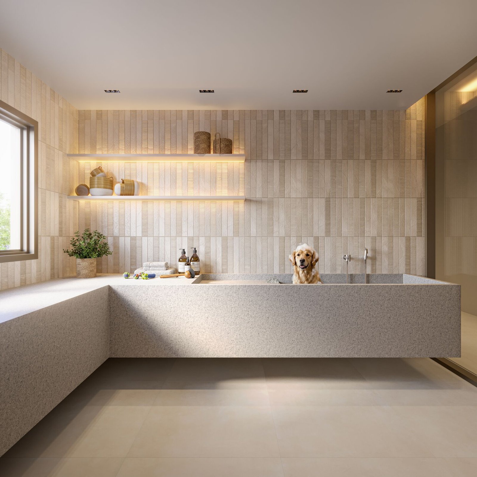 Pet care com banheira em pedra e bancada de apoio — Marino by Breton, Barra da Tijuca