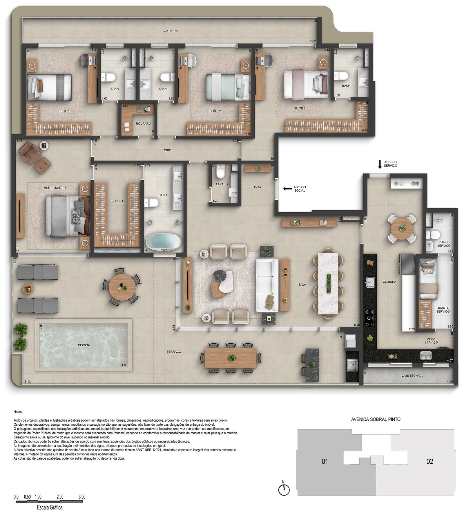 Planta da cobertura linear 1601 de 287,17 m² do Marino by Breton