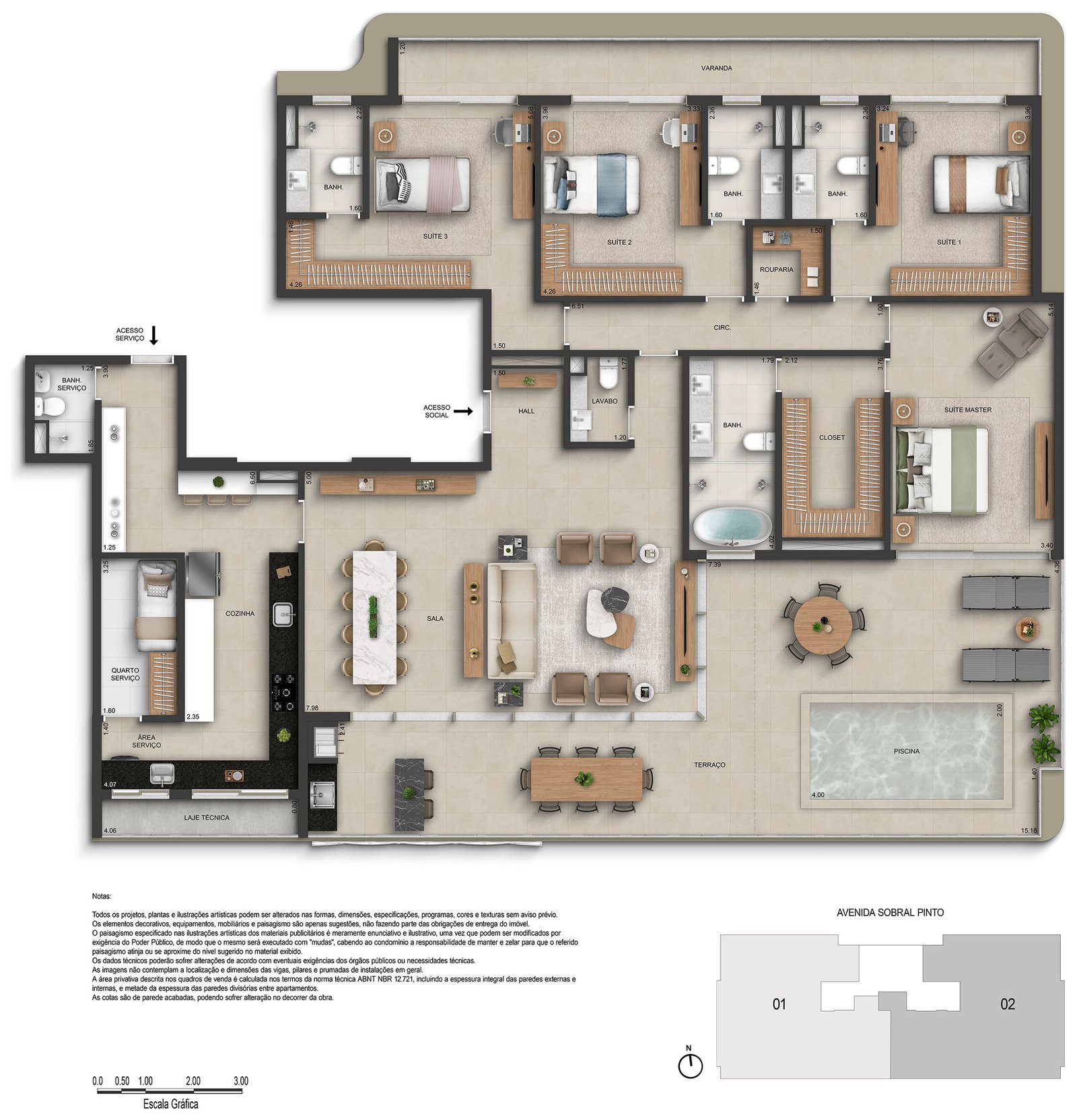 Planta da cobertura linear 1602 de 289,26 m² do Marino by Breton