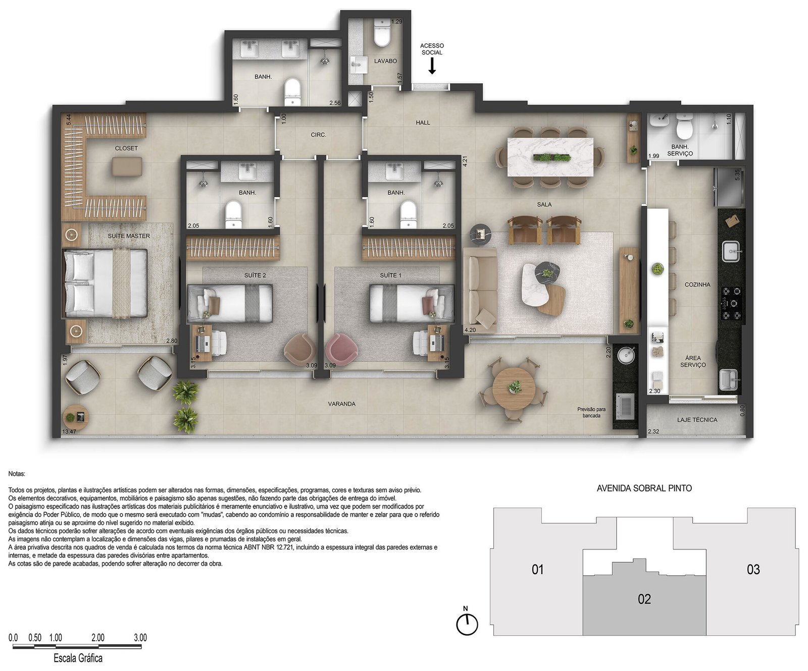 Planta do apartamento de 3 suítes de 135,76 m² do Marino by Breton