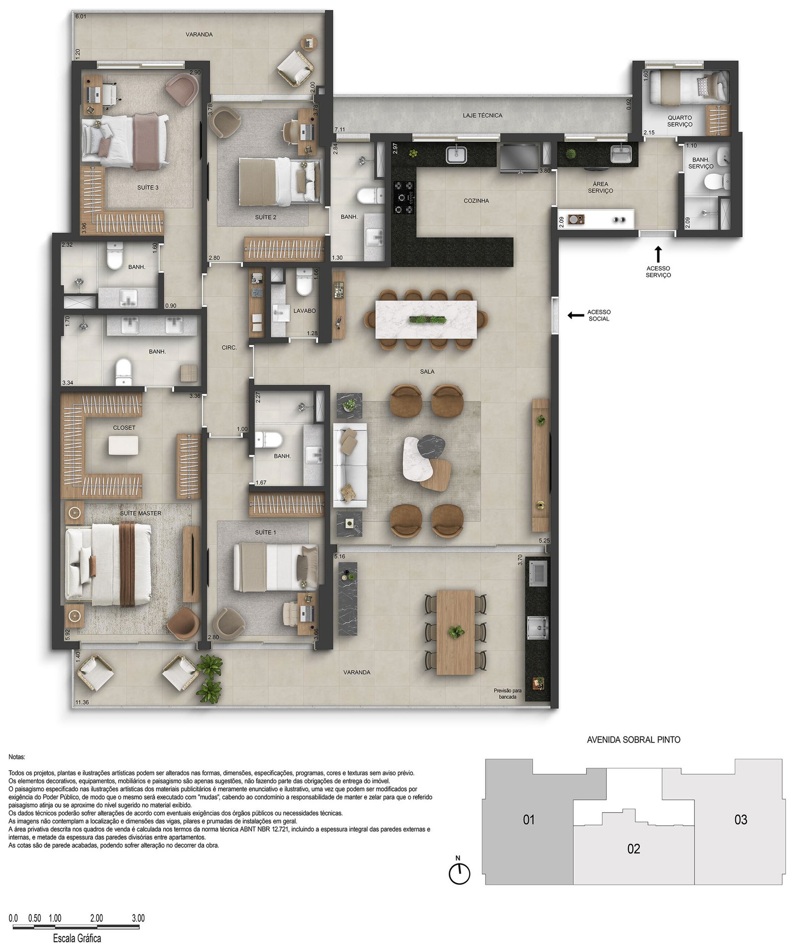 Planta do apartamento de 4 suítes de 200 m² do Marino by Breton